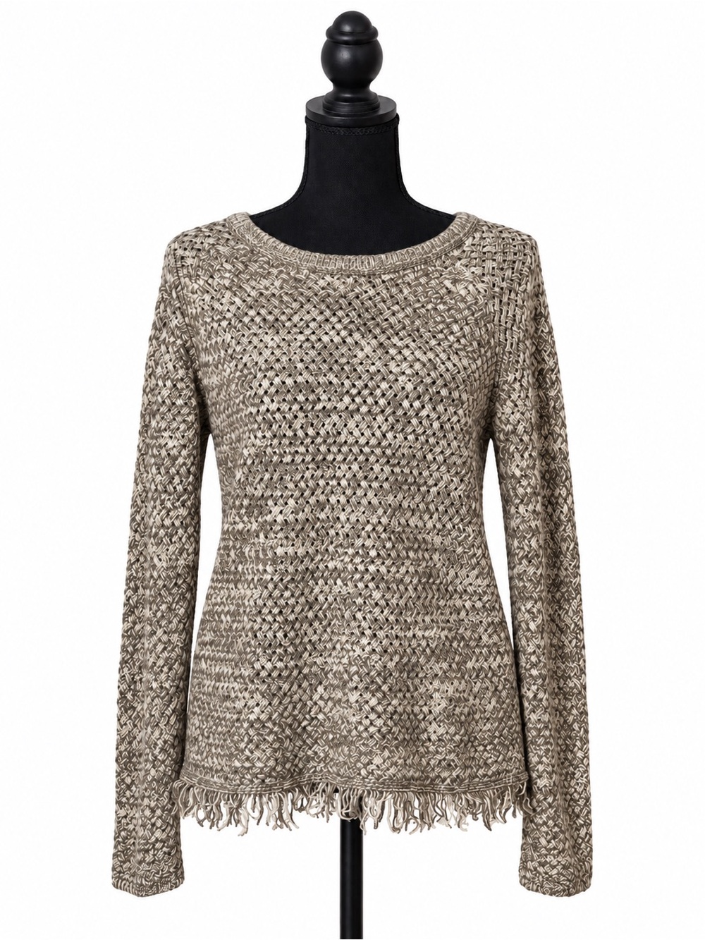 Lucky Brand S Taupe Open Knit Cotton Fringe Sweater